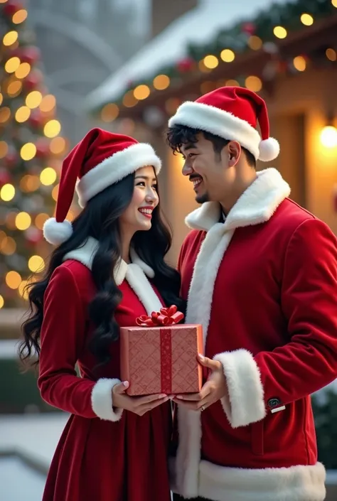 A realistic  images of beautiful sweet smile Asian couple.A beautiful woman, white skin ,long long black wavy hair, wearing red santa dress outfit,santa gloves,beautiful girls santa hat,with holding a big christmas gift box, with handsome man wearing santa...