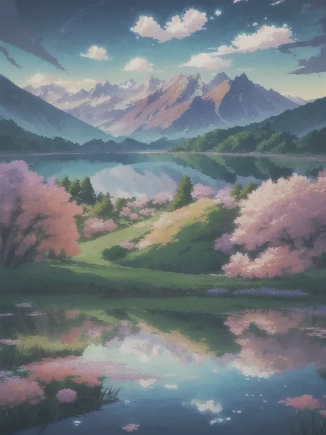 Panoramic view of a mountain range with a lake and flowers., anime landscape wallpaper, beautiful anime landscape, anime beautiful peace scene, colorful anime movie background, anime nature, beautiful anime scene, anime movie background, anime nature wallp...