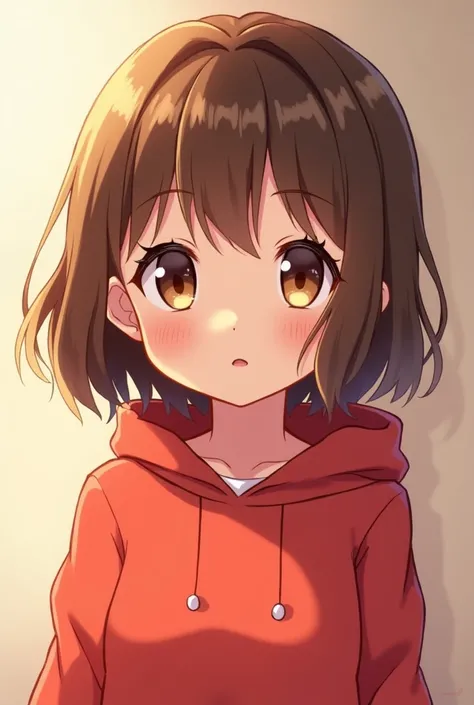 Create an image of a girl with slightly short brown hair wearing a red anime-style sweatshirt and also brown eyes. 
