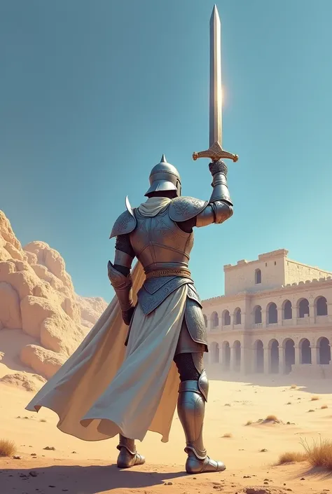 Draw in 2D a young warrior dressed in silver armor against the blue sky raising a shining sword in the sun in front of a coliseum in the distance in a desert with his back turned with both hands