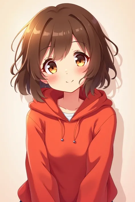 Create an image of a girl with slightly short brown hair wearing a red anime-style sweatshirt and also brown eyes and a cute smile 
