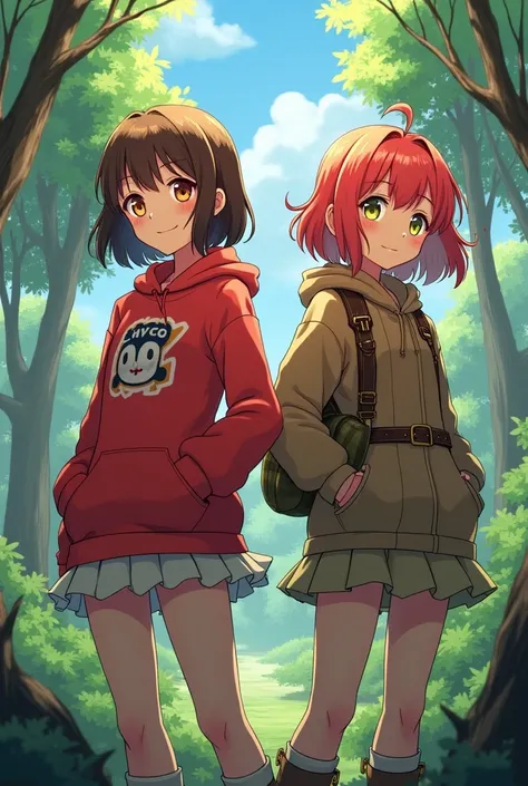 Create an image of a girl with short brown hair wearing a red anime-style sweatshirt and also brown eyes and a cute smile and another girl with red, slightly long hair wearing a hunter outfit 
