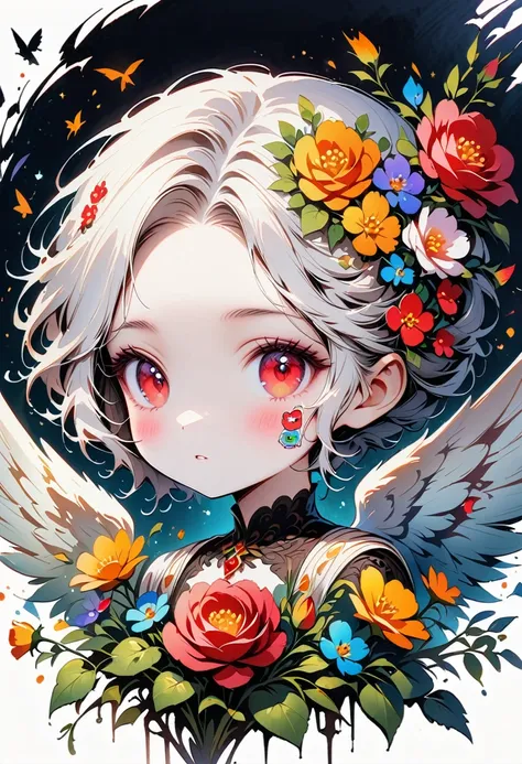 ((White background)), ((clip art )), (( white outlined sticker)), , Watercolor beautiful wild rose fantasy art, perfect eyes，beautiful face and flowers, angel wings, chibi Lovely animation style, bright colors, intricate details, Ultra-detailed, super qual...