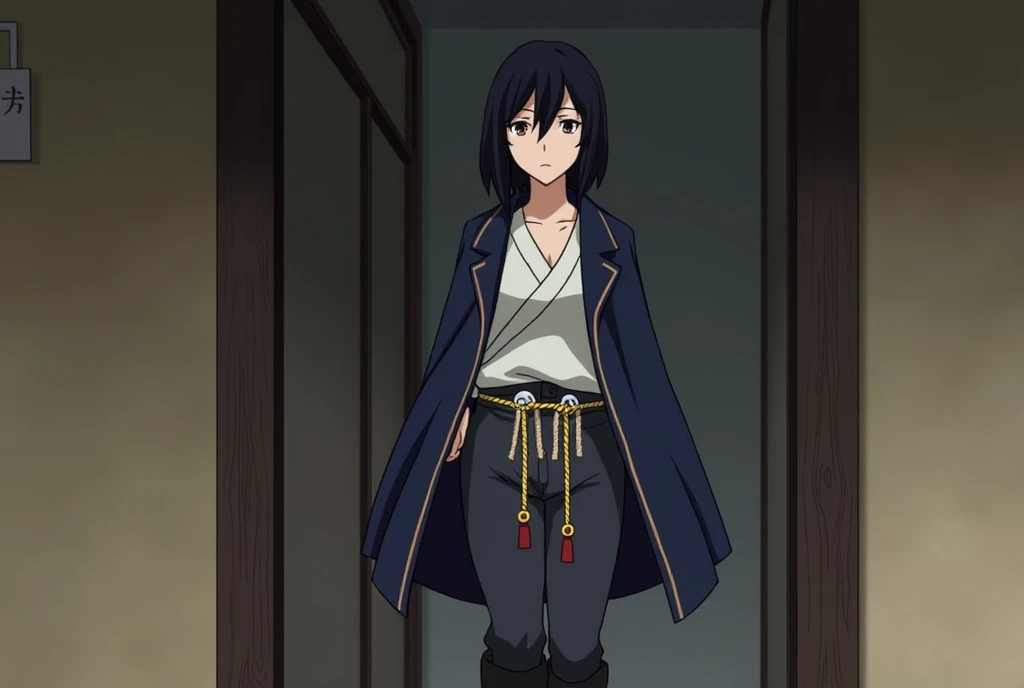 Tashigi leaves the captain&#39;s room. She wears a dark blue draped down coat over her shoulders, Underneath which he wore a light, tight-fitting shirt, of long sleeve, and unbuttoned. The shirt has a light grey shimenawa as a rope belt with two white shid...