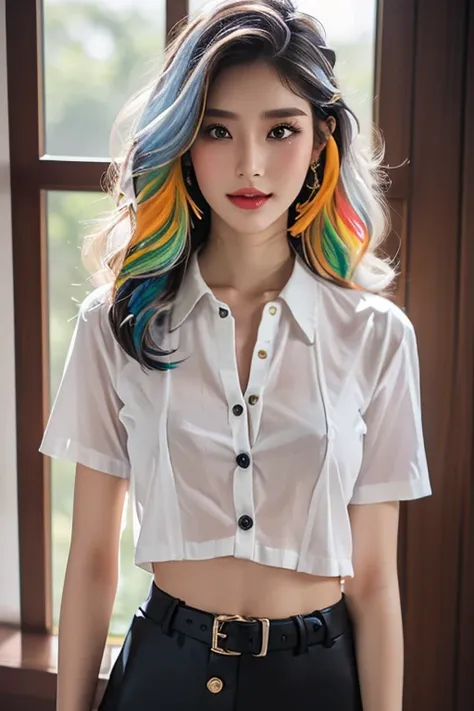 Top quality, RAW Photo, Highest Quality Image, 16K, Full body, Age 22, Realistic, Photorealistic,  Beautiful Asian woman, Sexy, body, White pale skin, ((( Multicolor Hair ))), ((( Short and wavy hairstyle ))), Modern hairstyles, Detailed face, Detailed bod...