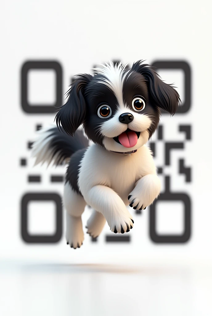 QR code frame with an animated black and white Shih Tzu dog