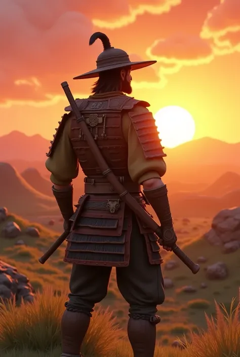 Cowboy samurai in animation from behind watching the sunrise