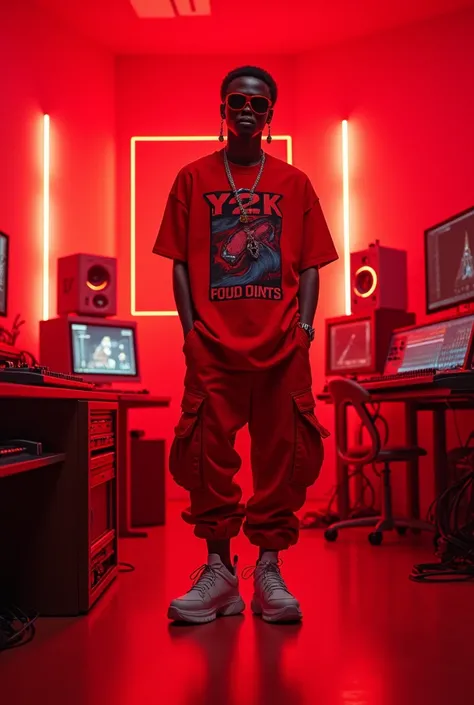 I want you to generate a producer in an all red studio, this producer must be dressed in y2k style clothes, he must be stylish