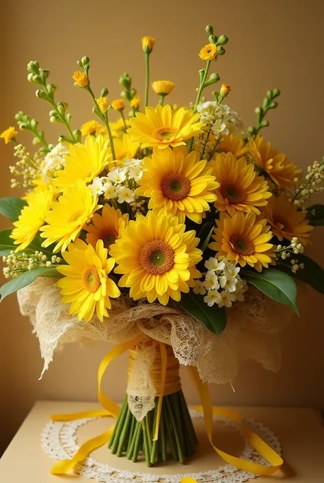 Create a bouquet of yellow flowers with detail and all with decorations around for the day of the yellow flowers and that also has the name of Kary to dedicate to someone