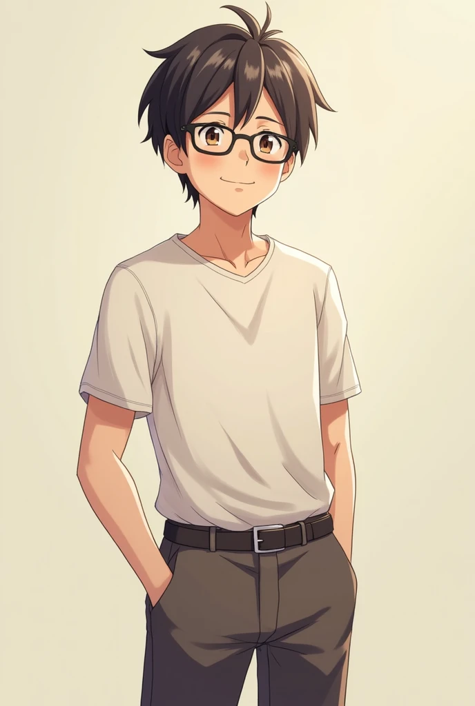 male anime character who wears glasses and has dark brown hair and is standing smiling
