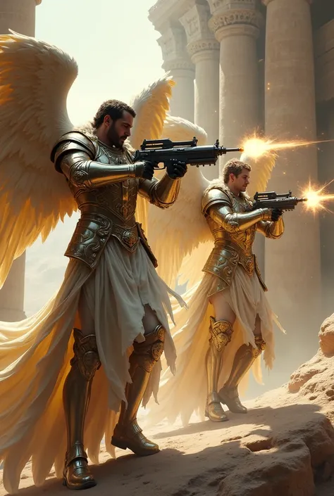 Angel Michael and Angel Gabriel old centuries with machine guns