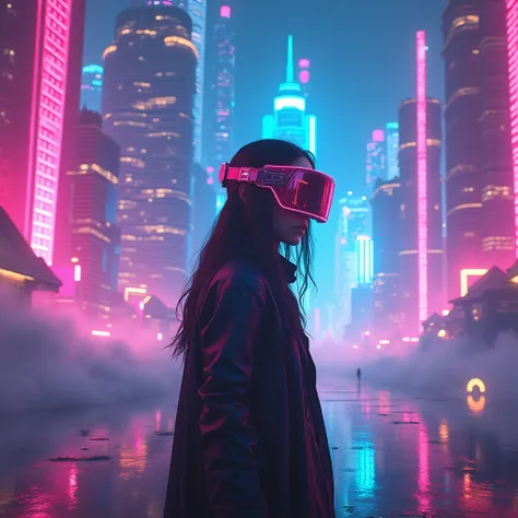 Create a cover inspired by a digital future with bright neon lights and a virtual world