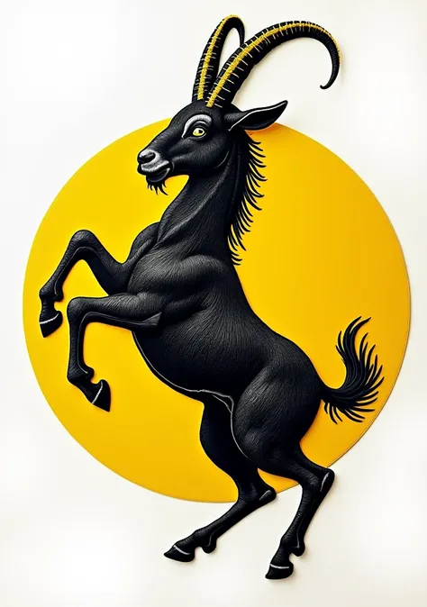 a rearing goat, black and yellow color scheme, circular simple logo, embroidery texture, black and yellow