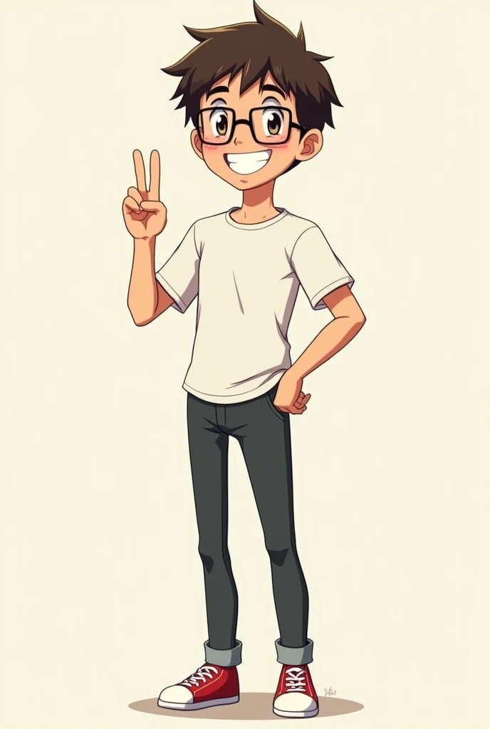 male anime character who wears glasses and has short dark brown hair and is standing smiling doing ✌🏻
