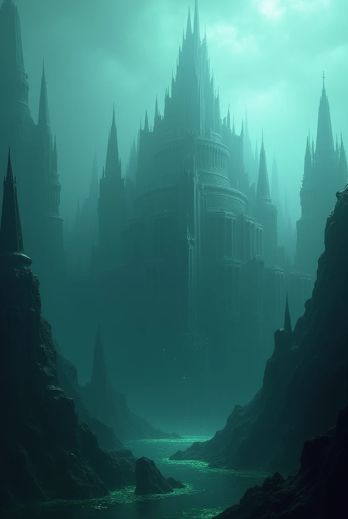 Atlantis city underwater with fog