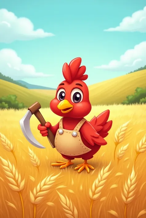 Cute cartoon red hen cutting wheat
