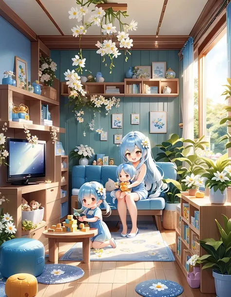 Light blue long hair、Twin-tailed mother and her child, a chibi character、Playing with building blocks in a sunny living room、Stacking building blocks、A happy smile、The living room is decorated with lots of white daisies and orchids.