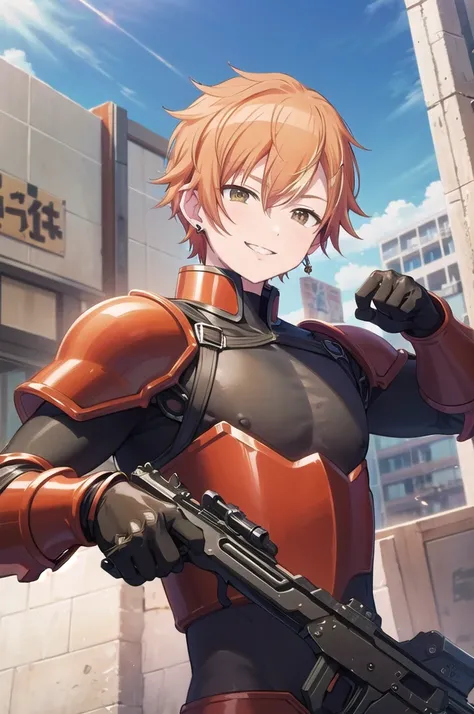 masterpiece,Best Quality,One of them has a machine gun,Alone,cure black,Brown eyes,Orange Hair,Spiked Hair,Ahoge,Earrings,(((Kuuga Mighty,gloves,Red Armor,Has a machine gun))),Abdominal muscles,smile,Confident,(good),city,sunlight,light,(Upper Body),Dutch ...