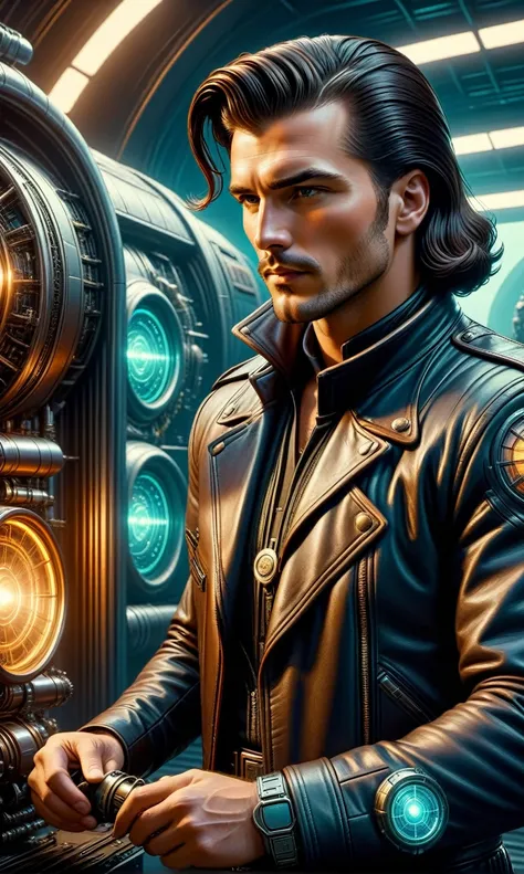 A dynamic close-up shot of a handsome 2 warrior man fixing a spacecraft engine in a futuristic hangar. He wears a leather jacket with a high collar and a 1940s-style gun belt. His long hair reflects a modern classic style. His calm expression exudes wisdom...