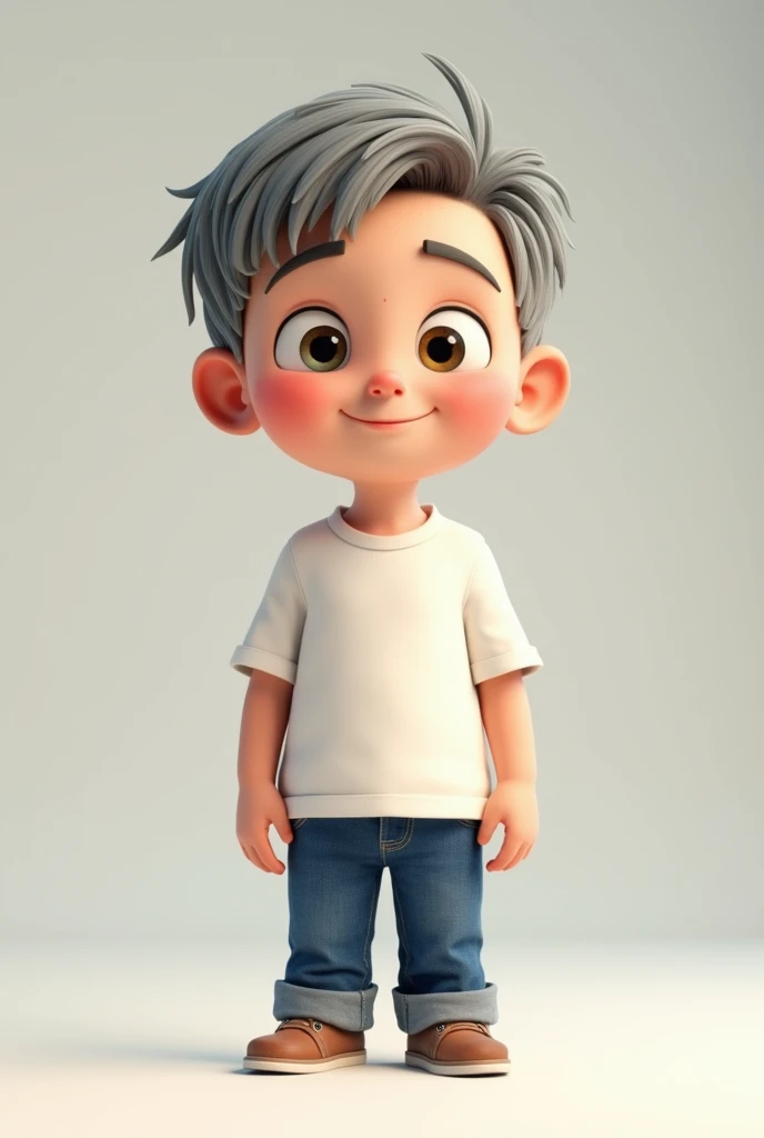 create a character in a 3D pixar style drawing of a  boy, with thin eyebrows, with a grayish short, combed back, who is wearing jeans and a white shirt, which he applies all over his body, without a background image, a solid color background.