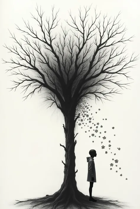 Lonely psychopathic teenager drawing a tree shedding flowers 
