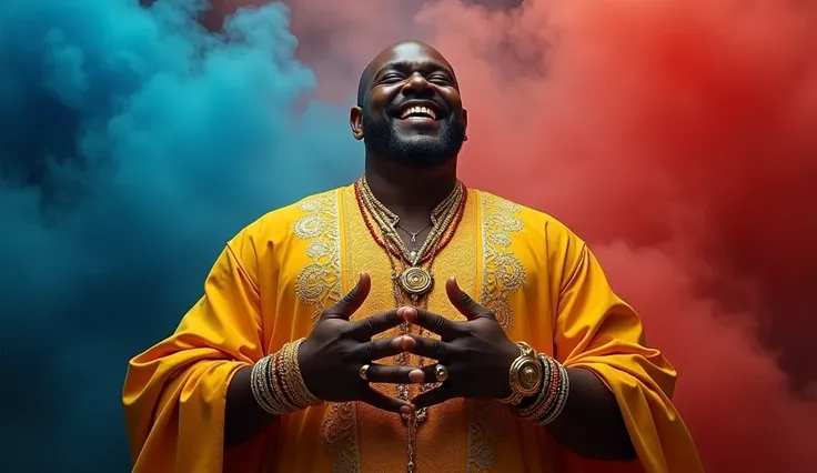 rich man laughing in fine clothes, yellow tunic with gold and gold jewelry, staring at the camera. Half blue and half red background, background with dense smoke.