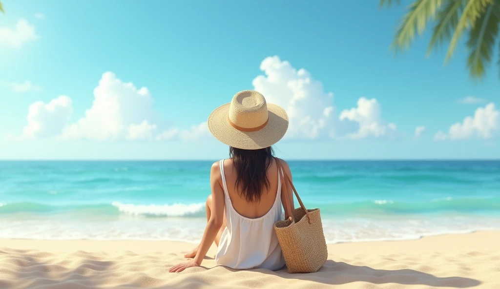 araffe sitting on the beach with a hat and a bag, naturist, woman on the beach, sunbathing at the beach, on a sunny beach, girl on the beach, backfacing, sitting on the beach, is relaxing on a beach, relaxing at the beach, backview, sitting at the beach, b...