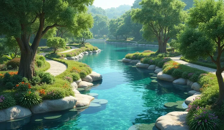 A river, crossing a garden, dividing into for rivers, seen from above, 4k hyperrealistic