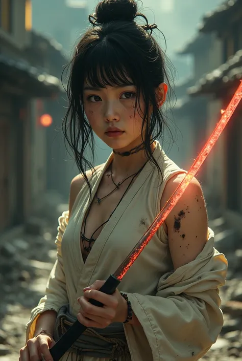 Realistic details、Kyoto、Full body illustration with smooth texture、Beautiful asian dirty samurai teen girl dirty face. Textured white clothing. Textured face .Against the Devil. Slay the Demon. A straight red light trail on the devil&#39;s neck. Dirty whit...