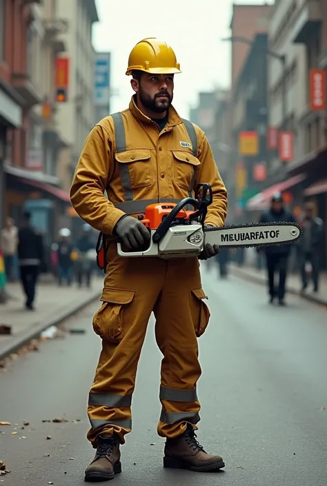 A municipal employee wearing a helmet and uniform stands on the street with a chainsaw in his hands 