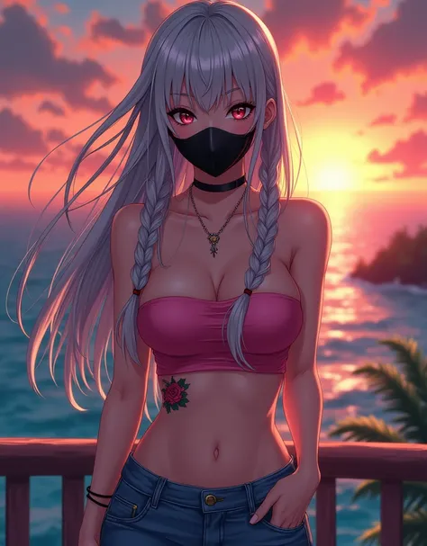 beautiful, anime drawing, woman, wearing black surgical mask, silver hair, 
braided hair, jeans, pink tubetop, strapless, detailed, rose tattoo, front view,
standing on a balcony near the ocean, cleavage, sunset