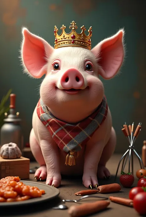 A pig with a crown and barbecue cutlery
