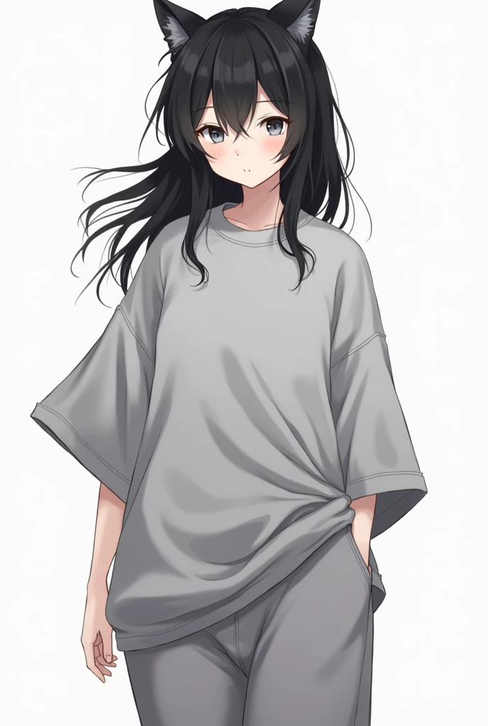 Anime girl with cat ears lay black hair a too big grey t-shirt and one too big long grey pants all black white elegant