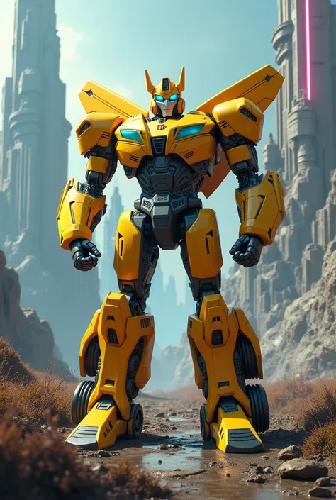 Make Bumblebee from Transformers G1 on a futuristic cyber planet, photo realistic.