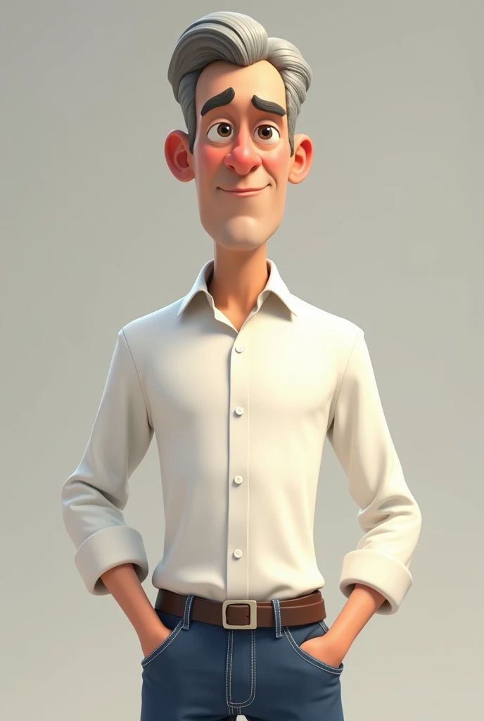 create a character in pixar style 3d drawing of a European approximately ,thin eyebrow, with short gray, slicked back hair, who is wearing jeans and a white shirt, that appears in full body, no background image, solid color background.