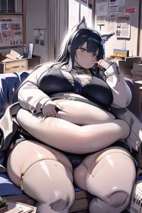 Mountains of, Extremely obese women, Wearing a black bikini, Very fat lump, Stuck due to weight, Long black hair, A very large belly that protrudes beyond the legs, [Fat Belly, Big eater, [Flabby belly, sitting on the floor in the living room at home,Very ...