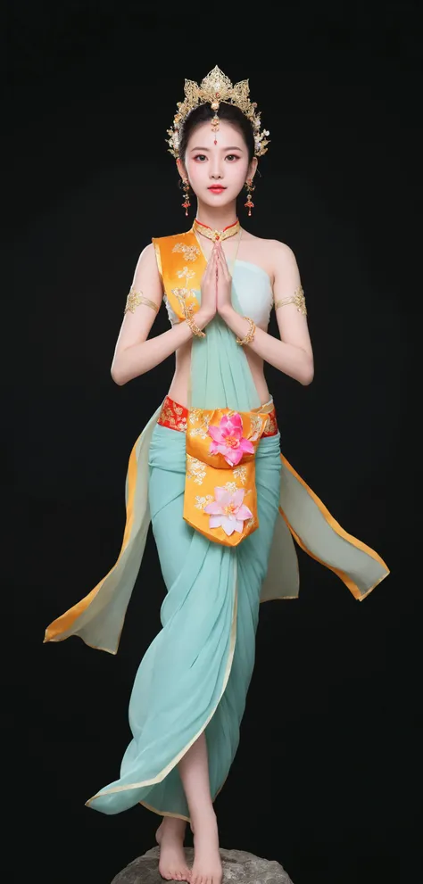 Beautiful woman dancing leisurely，The body is entwined with flowers and green leaves，bail_particle,光particle花朵，全由光particle组成的衣饰，Cross-legged lotus position,Sit on the lotus seat，A girl made of particle,The density of Metal Wire at the finger part is high,b...