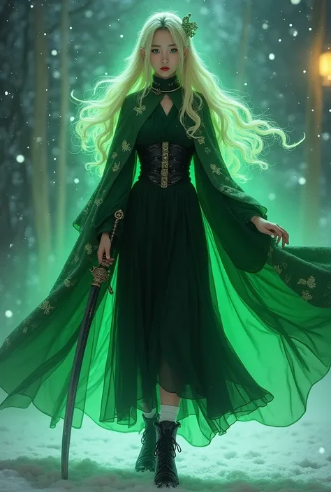 A woman 20 years old, siren eyes asian, plump lips, de cabelo loiro e mechas greens musgo, olhos greens e vestido preto com detalhes greens escuro, um manto de sapos também green, black boots with white socks, está segurando uma katana com uma aura de drag...