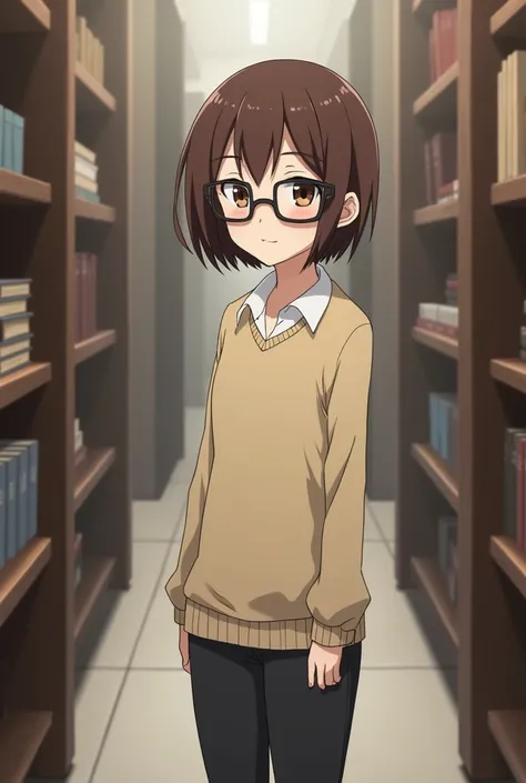 anime character with brown hair and square glasses standing 
