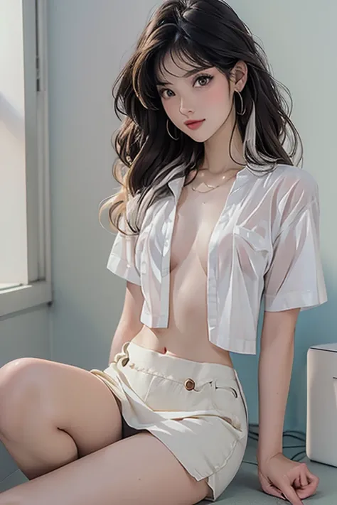 Top quality, RAW Photo, Highest Quality Image, 16K, Full body, Age 22, Realistic, Photorealistic,  Beautiful Asian woman, Sexy, body, White pale skin, ((( Multicolor Hair ))), ((( Short and wavy hairstyle ))), Modern hairstyles, Detailed face, Detailed bod...