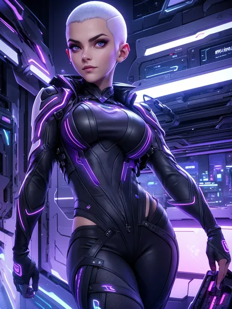 very slim female in long buzz cut hairstyle hacker, in purple vest and Leather Cooling Jumpsuit with glowing with white light Vertical Stitching wires, Xtreme, breasts, medium breasts, open vest, dirt on her clothes and face, black costume,at a futuristic ...