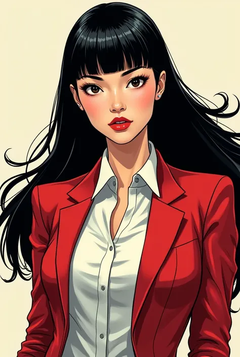 In the lines of Marvel Comics: an asian woman, pale skin, dark eyes, long hair with bangs and black. White dress shirt and red blazer.