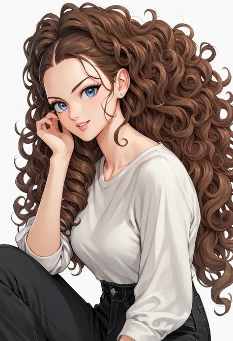 woman, black pupera, black baggy pants, long hair, brown hair, curly hair, blue eyes, gray mouth,