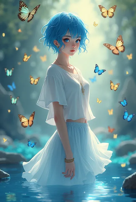 (ultra detailed perfect piece:1.2), illustration, masterpiece, (extremely detailed CG 8k), (very fine 8K CG),a drawing of a woman with butterflies around her with water underneath her, 1girl, bug, butterfly, solo, t-shirt,skirt, jewelry, full body,blue hai...