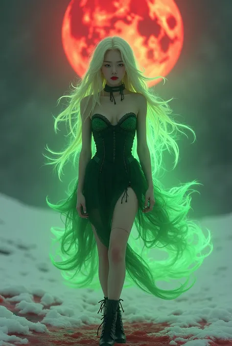 uma mulher 20 anos, siren eyes asian, plump lips, de cabelo loiro e mechas verdes, big boobies, She is wearing a short black and green dress, ripped stockings and black boots, she is surrounded by a green aura, there is snow and a lot of blood on the groun...