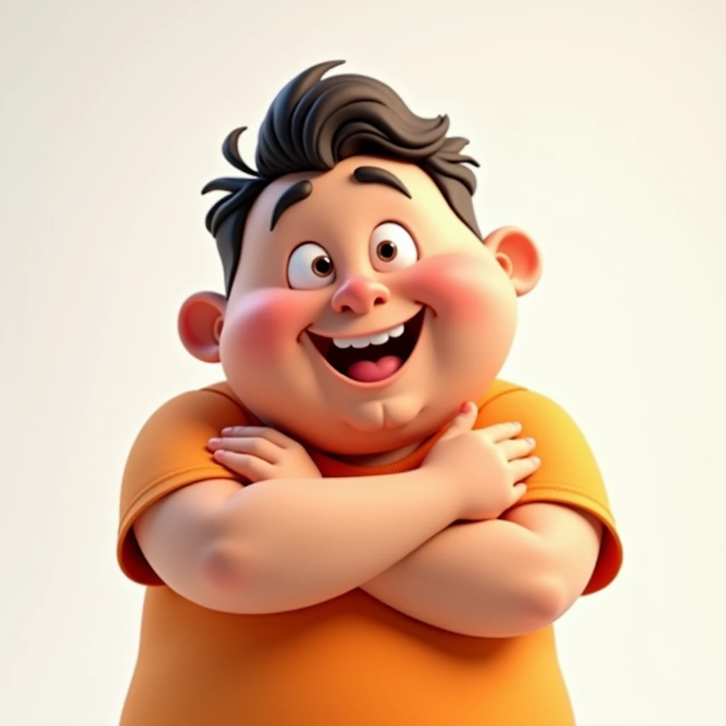 Cartoon character of a little chubby smiling man with rounded face, soft features and a friendly expression, with a social haircut, wearing an orange t-shirt . He is making an "X" gesture with his arms crossed and hands outstretched in front of his chest, ...