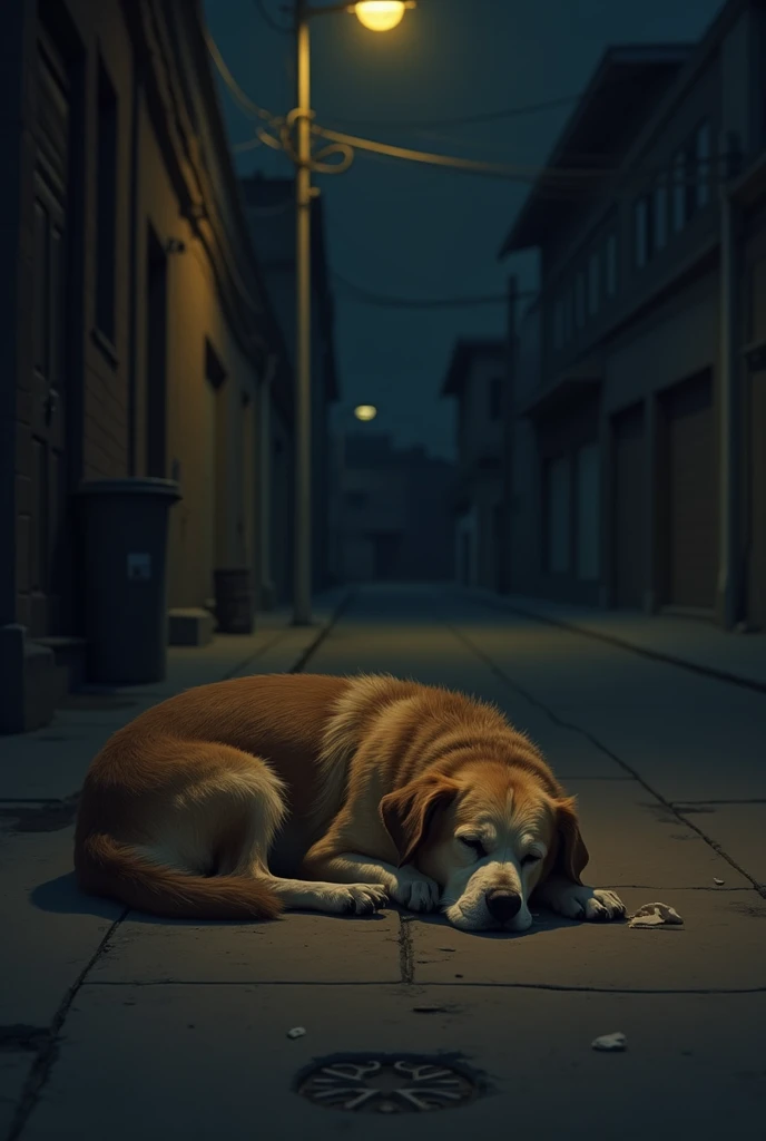 A dog sleeping on the street but at night under a light pole, that the image generates sadness