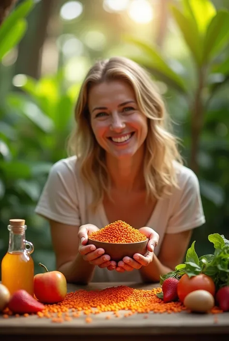 A woman with healthy, radiant skin, smiling, holding a bowl of annatto seeds in a natural, well-lit environment. In the background, a tropical landscape with lush green leaves and soft sun rays streaming through the trees. A jar of annatto oil sits on a wo...