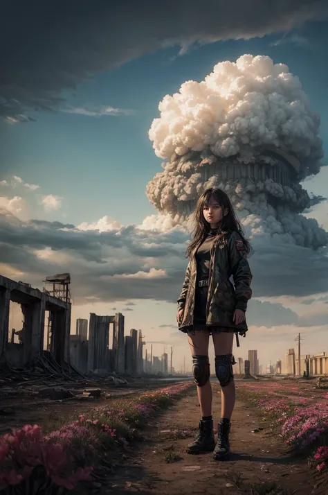 "Oil painting, ((resilient)) girl standing amidst nuclear wasteland ruins, delicate flowers emerging from the desolation, ominous clouds casting shadows, ((haunting beauty)), post-apocalyptic masterpiece"