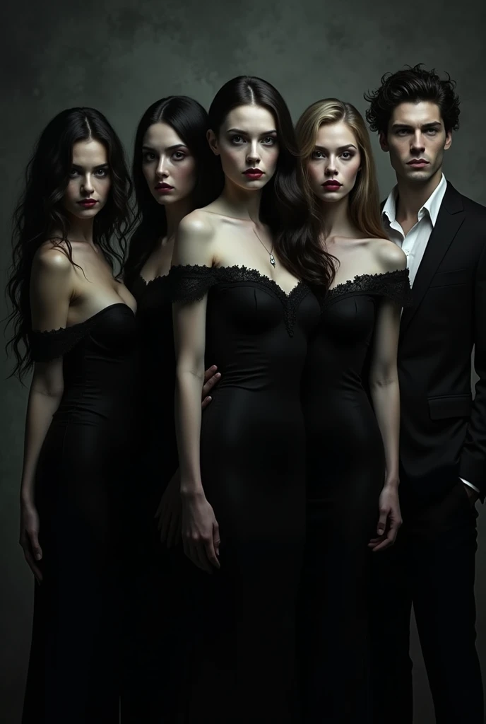 Create an image where 3 girls appear, one with black hair, another with brown hair and another with blonde hair and 2 boys, both with black hair., They have to be beautiful and dressed in black, they are vampires. 